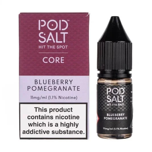 Pod Salt Blueberry Pomegranate nic salt bottle and packaging on a white background