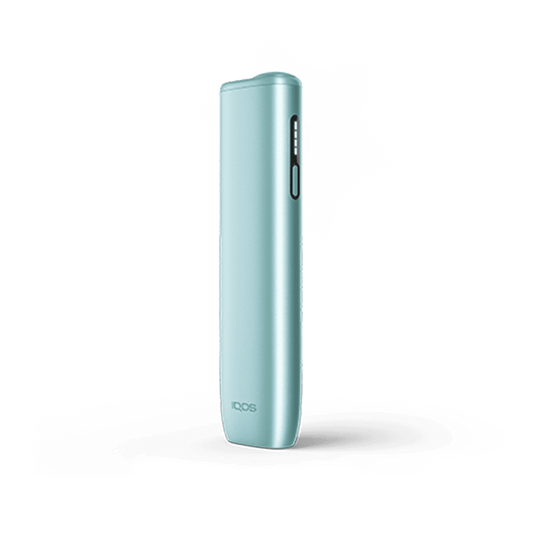 Light blue iluma i one device with 'IQOS' branding on a transparent background