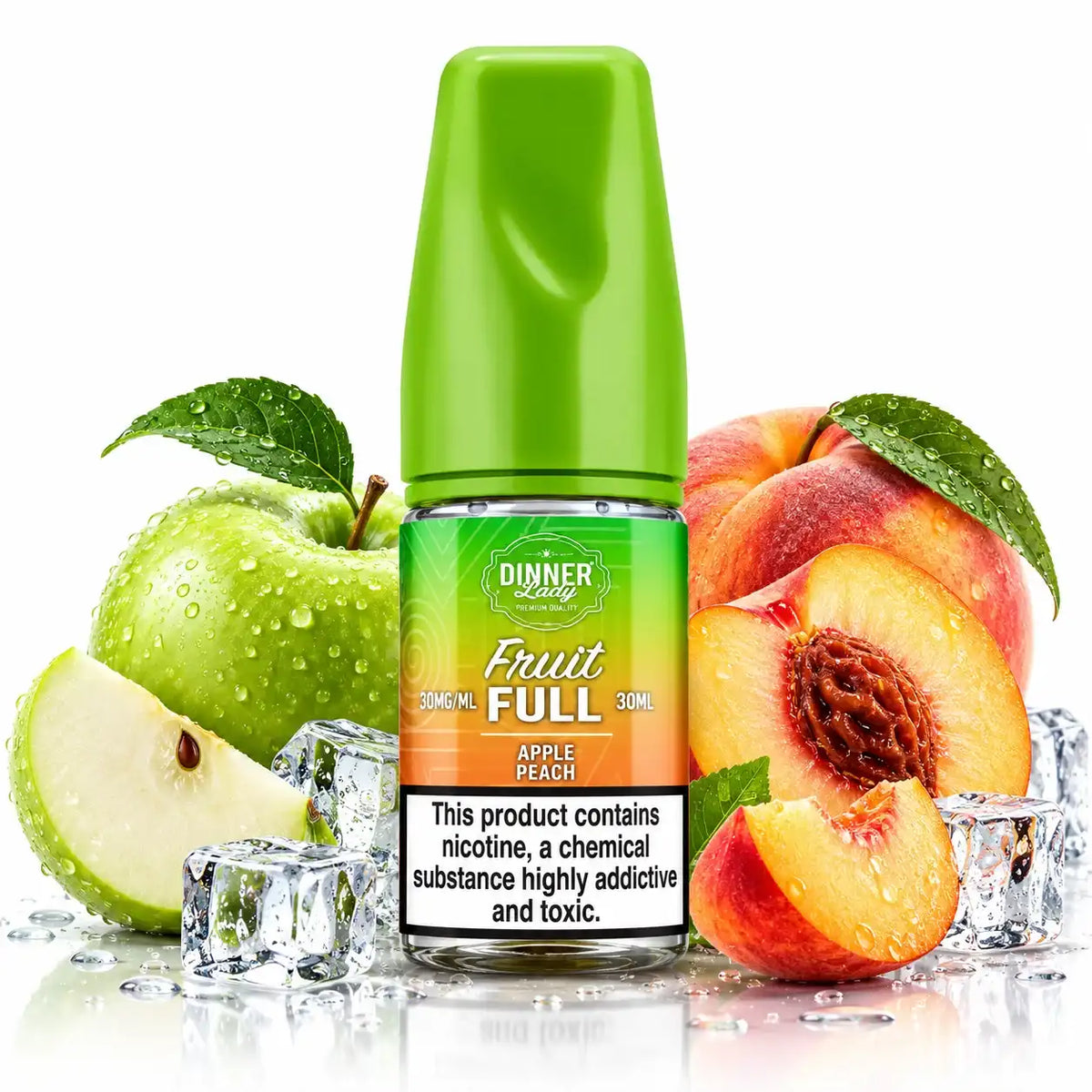 A bottle of Dinner Lady Fruit Full e-liquid in Apple Peach flavor, styled with fresh green apples, sliced peaches, and ice cubes on a reflective white surface.