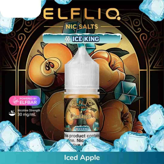 Elfliq Ice King Iced Apple vape juice bottle with ice cubes and decorative elements on a dark background