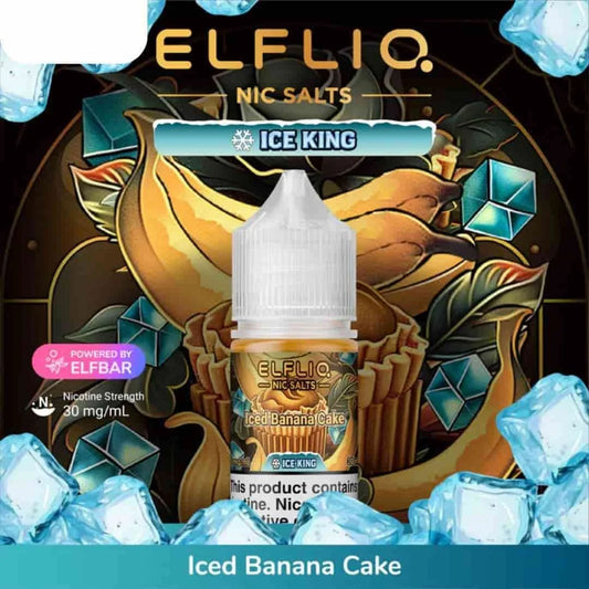 Elfliq Ice King Iced Banana Cake vape juice packaging with decorative elements and ice cubes.