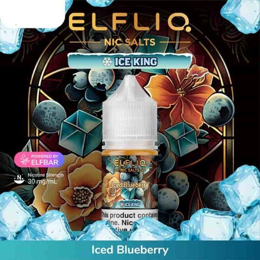 Elfliq Nic Salts Ice King Iced Blueberry flavor bottle with decorative background