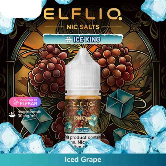 Elfliq Nic Salts Ice King Iced Grape flavor packaging with grapes and ice cubes on a decorative background.