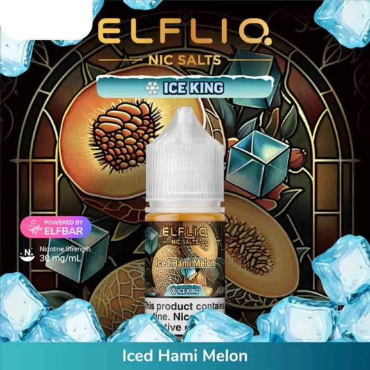 Elfliq Ice King Iced Hami Melon vape salt bottle with decorative background