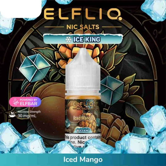 Elfliq Ice King Iced Mango nicotine salt bottle with decorative background