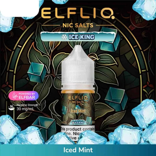 Elfliq Nic Salts Ice King Iced Mint flavor bottle with ice cubes and decorative background