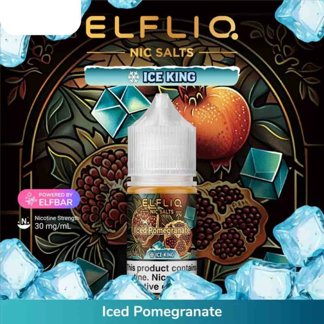 Elfliq Ice King Iced Pomegranate nicotine salt bottle with decorative background