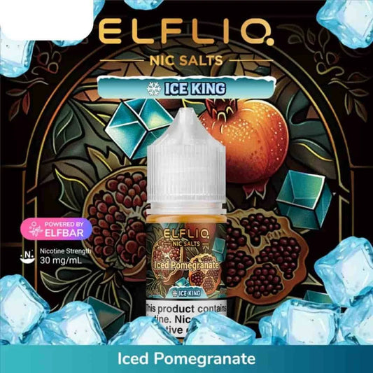 Elfliq Ice King Iced Pomegranate nicotine salt bottle with decorative background