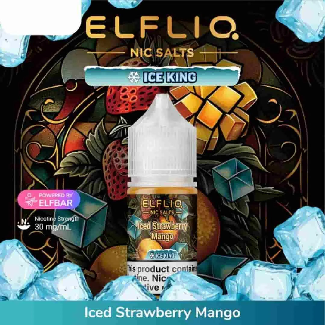 Elfliq Ice King Iced Strawberry Mango vape nic salt bottle with decorative background