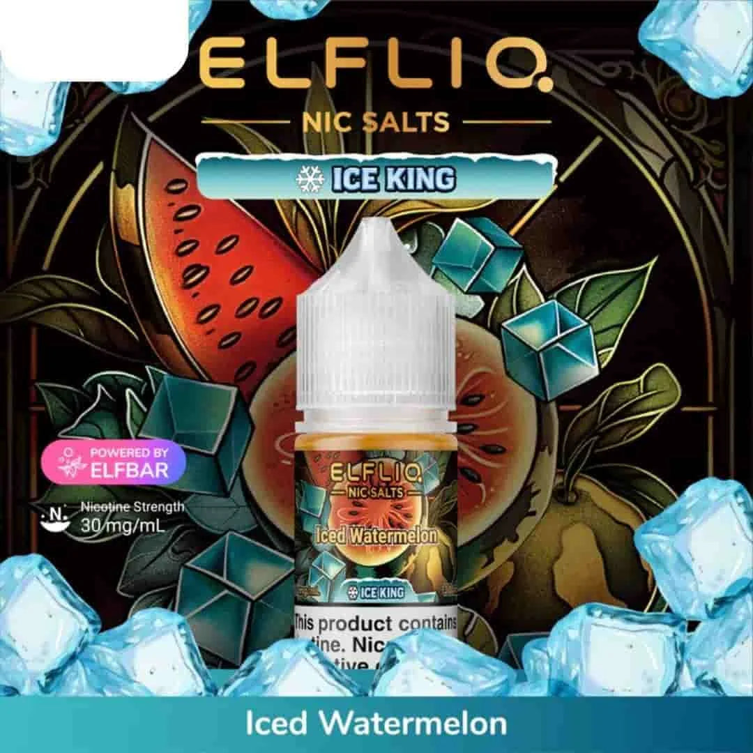 Elfliq Ice King Iced Watermelon vape nicotine salt bottle with decorative background
