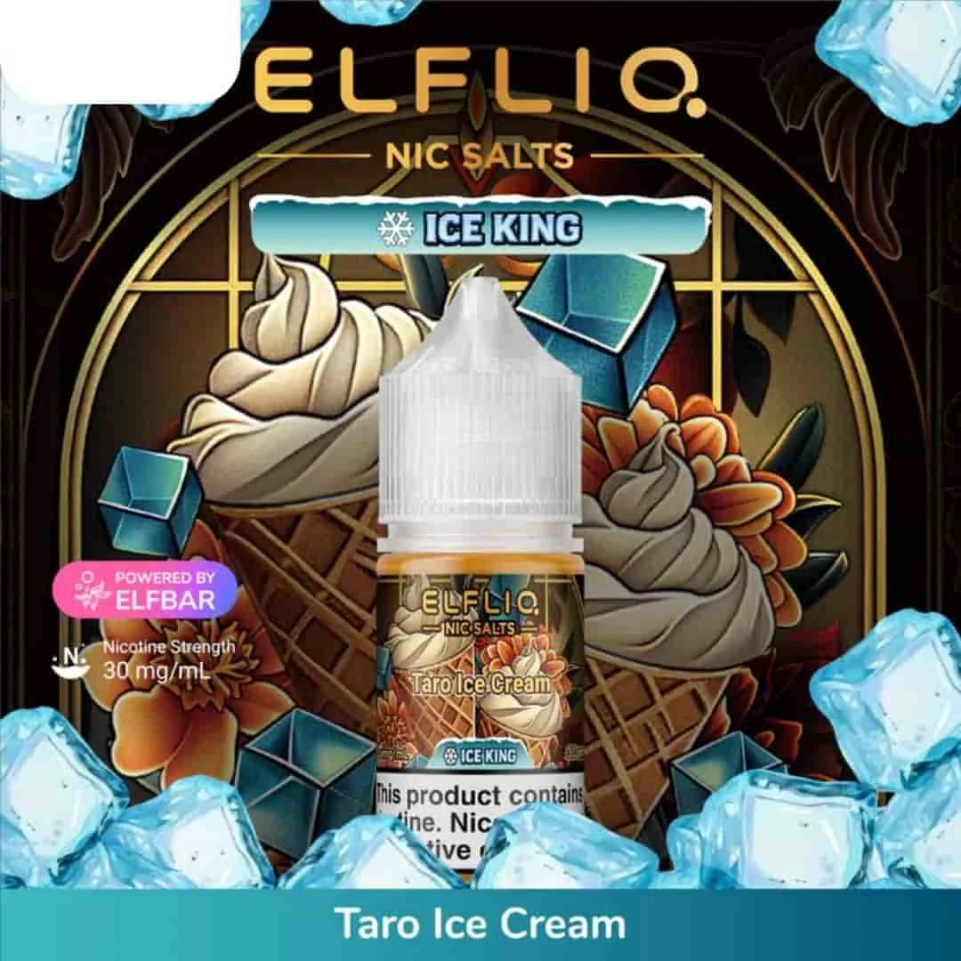 Elfliq Nic Salts Ice King Taro Ice Cream flavor packaging with ice cubes and ice cream cones.