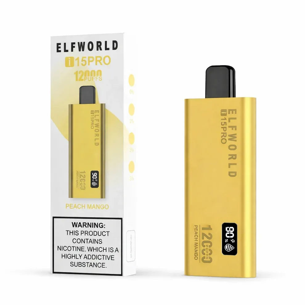 Elfworld i 15 pro vape device with packaging labeled peach mango on a white background