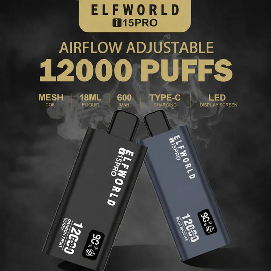 Two i 15 PRO vape devices with 'ELFWORLD' branding on a dark background with smoke effects.