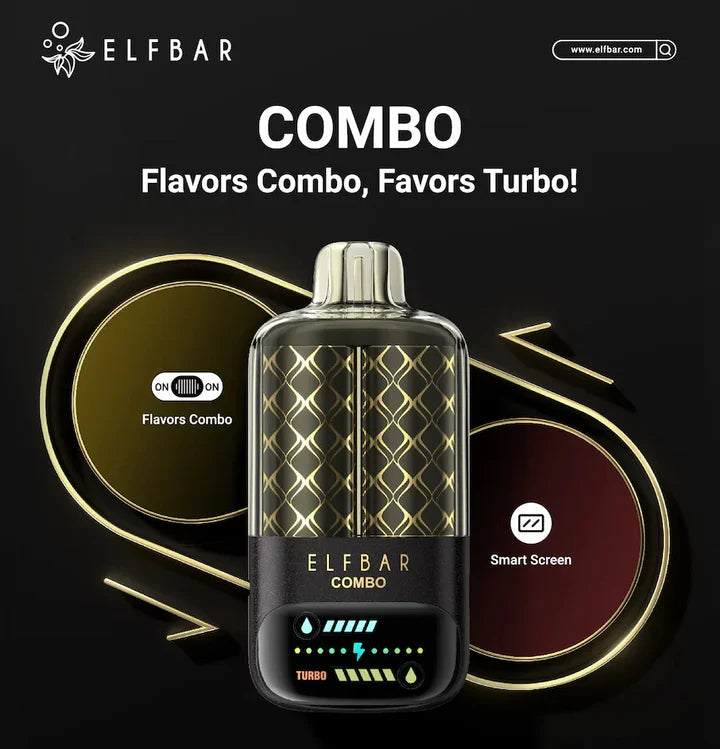 Elfbar Combo vape device with 'Flavors Combo' and 'Smart Screen' features on a dark background.