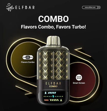 Elfbar Combo vape device with 'Flavors Combo' and 'Smart Screen' features on a dark background.