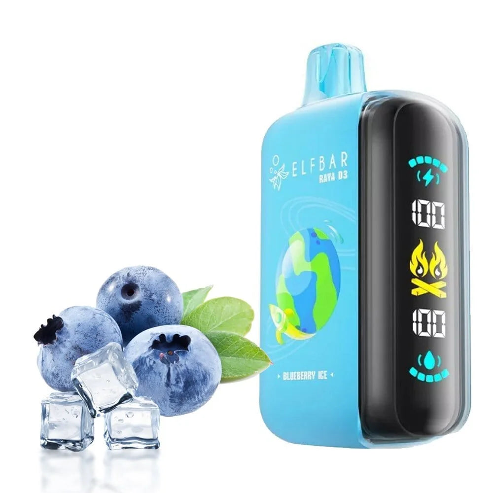 Elfbar Raya D3 blueberry ice vape with blueberry and ice in background