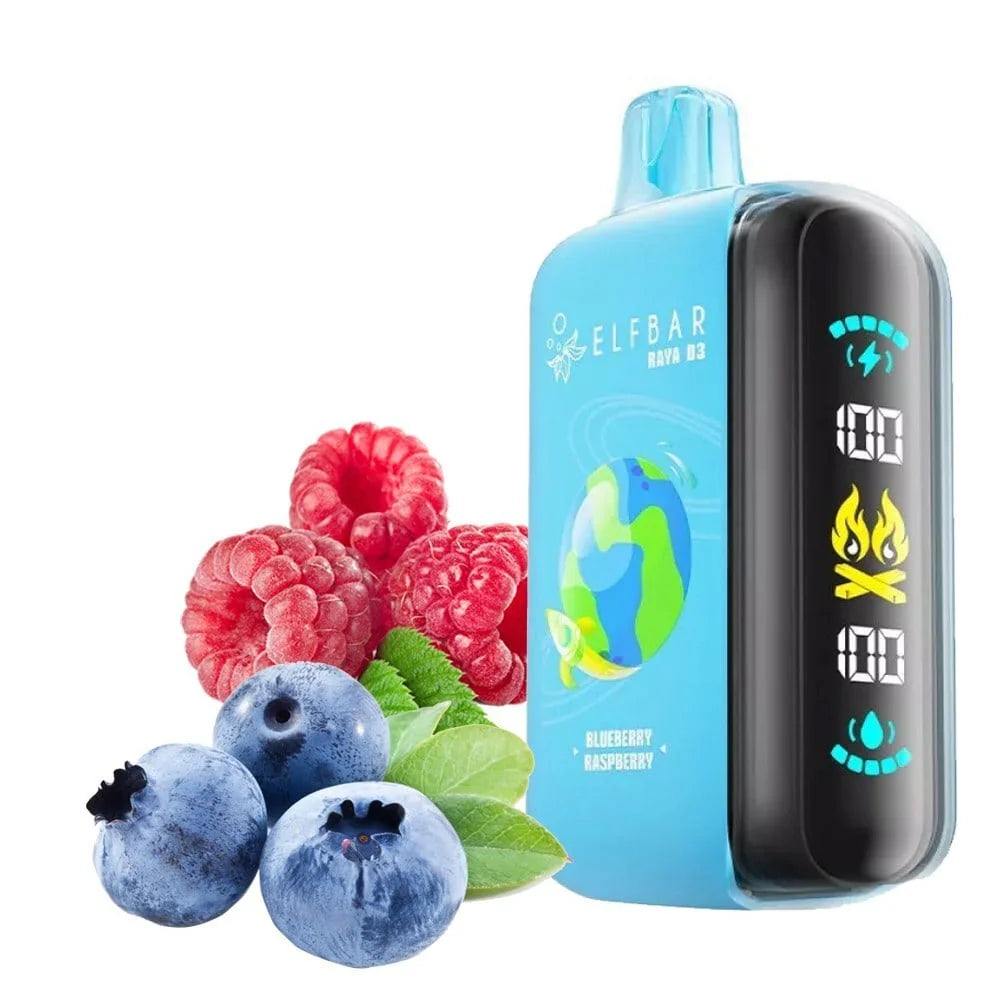 Elfbar Raya D3 blueberry raspberry vape with berries in background
