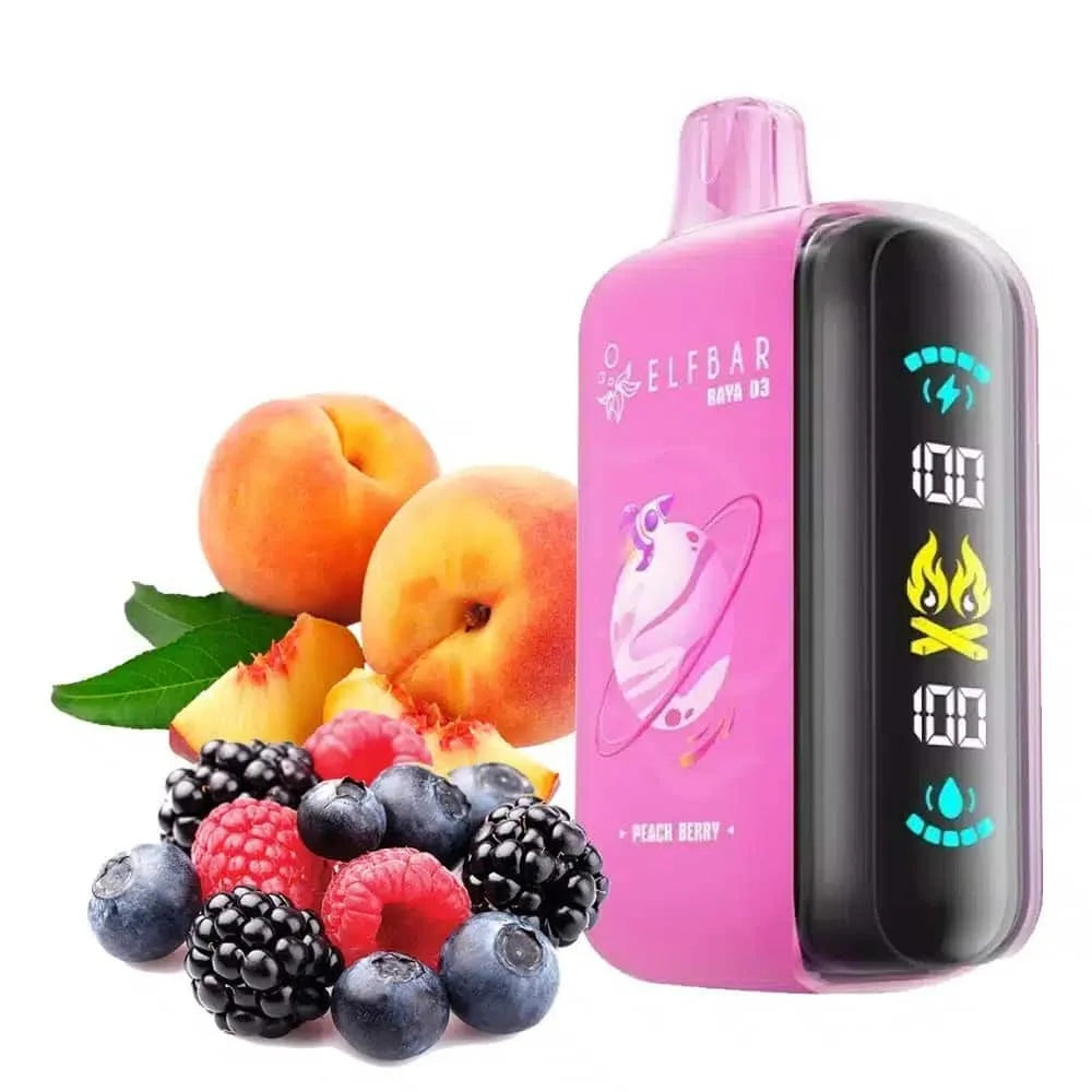 Elfbar Raya D3 Peach Berry with fruits in background