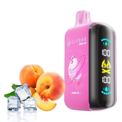 Elfbar Raya D3 peach ice vape with peaches and ice in background