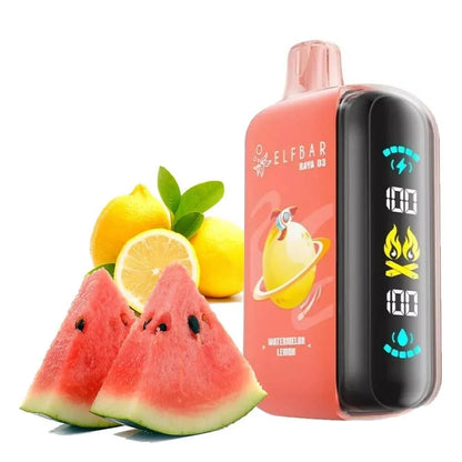 Elfbar Raya D3 watermelon lemon vape with sliced watermelon and lime in background