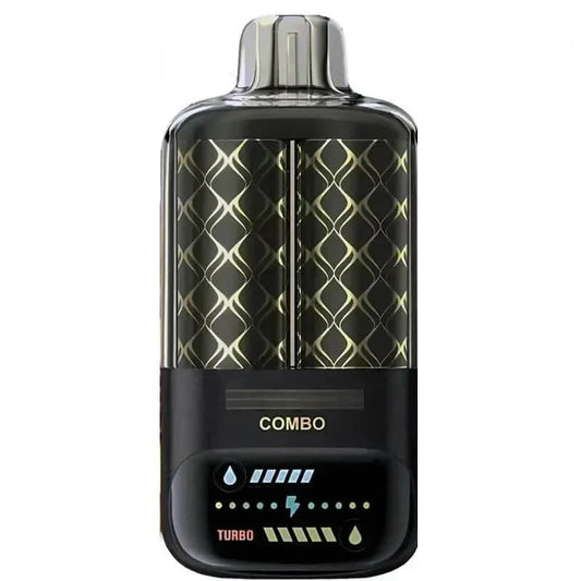 Black elfbar electronic device with gold patterns on a white background