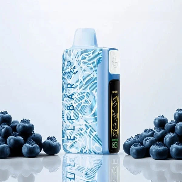 Blue vape device with 'ELF BAR' branding surrounded by blueberries on a light gray background