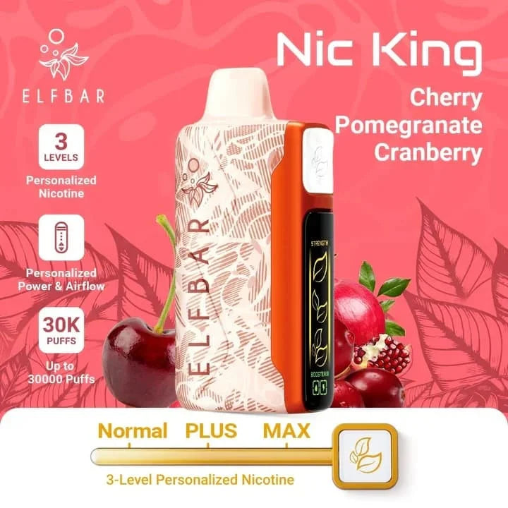 Elf Bar vape device cherry, pomegranate, and cranberry on a pink background