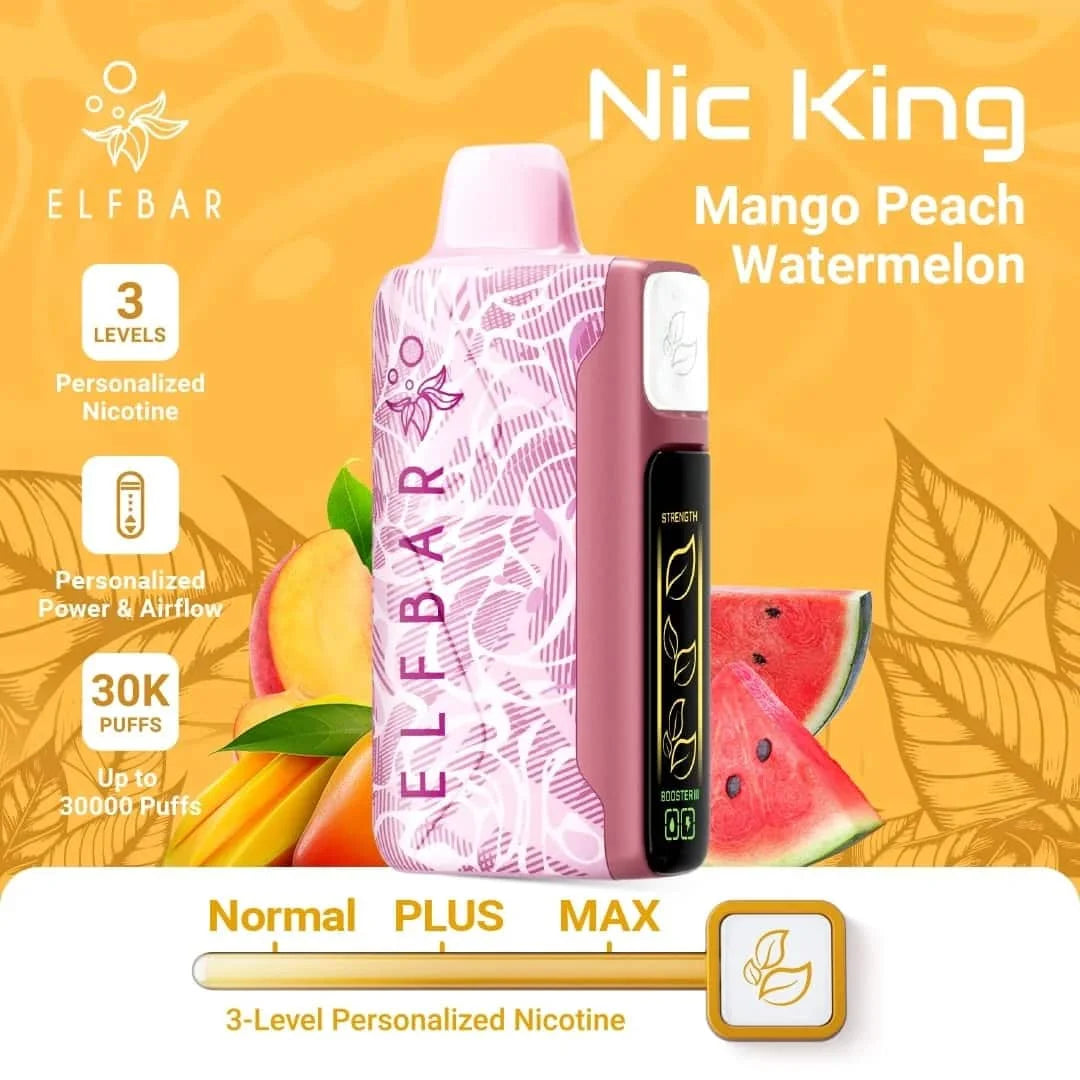 Elf Bar vape device with Mango Peach Watermelon flavor on a yellow background