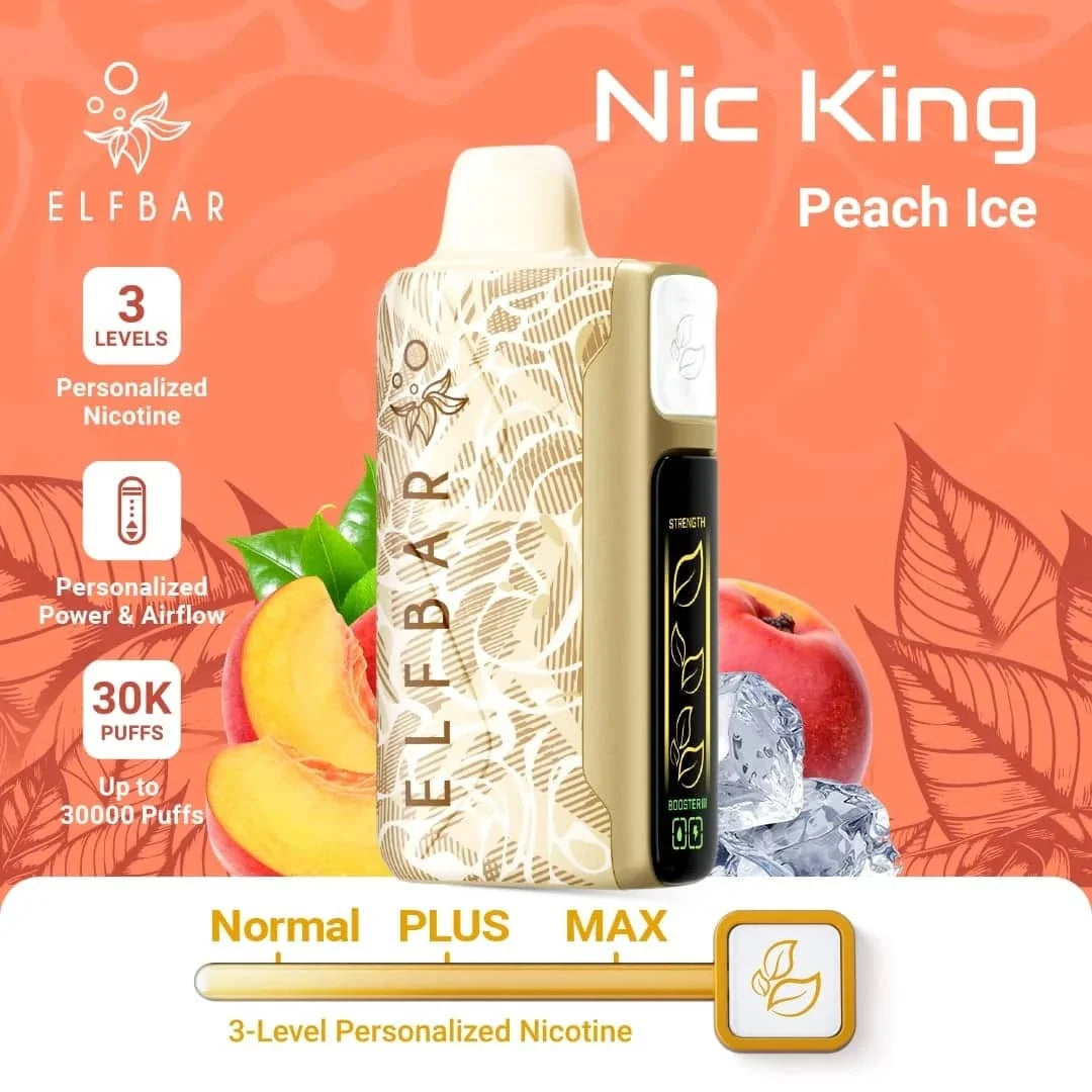 Elf Bar vape device with peach and ice elements on a peach-colored background