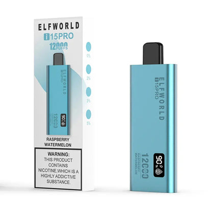 Elf World i 15 pro vape device raspberry watermelon and packaging on a white background