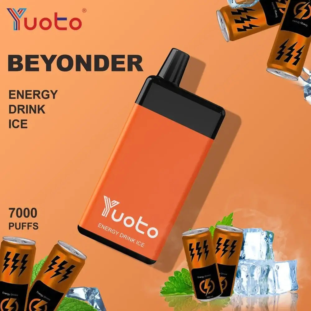 Yuoto Beyonder energy drink ice variant shown as an orange and black disposable vape device, surrounded by floating Yuoto energy drink cans and ice cubes on an orange background.