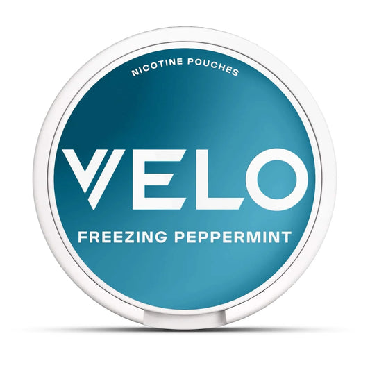 VELO Freezing Peppermint nicotine pouch container with blue label on a white background