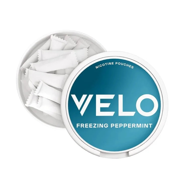 VELO Freezing Peppermint nicotine pouches in a blue container on a white background
