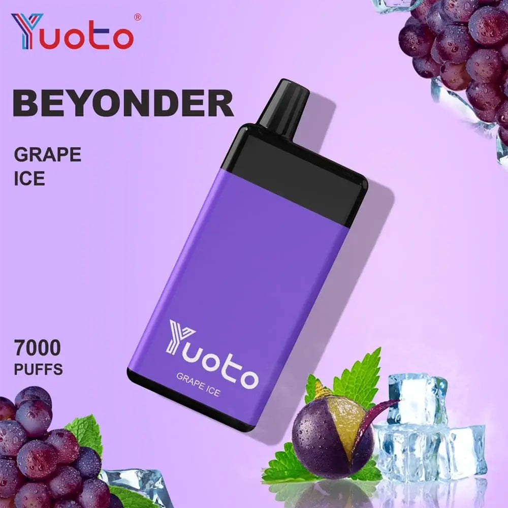 Yuoto Beyonder Grape Ice vape device with grapes and ice cubes on a purple background