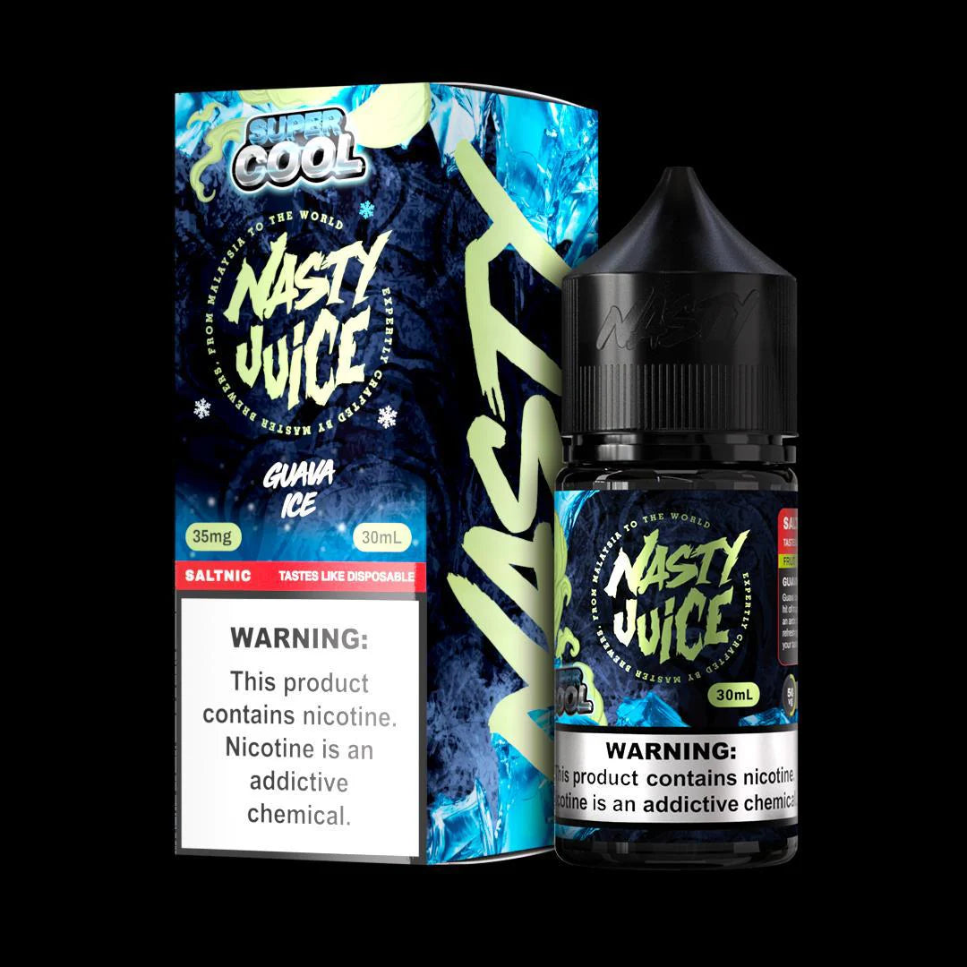 Nasty Juice Guava Ice e-liquid bottle and packaging on a black background