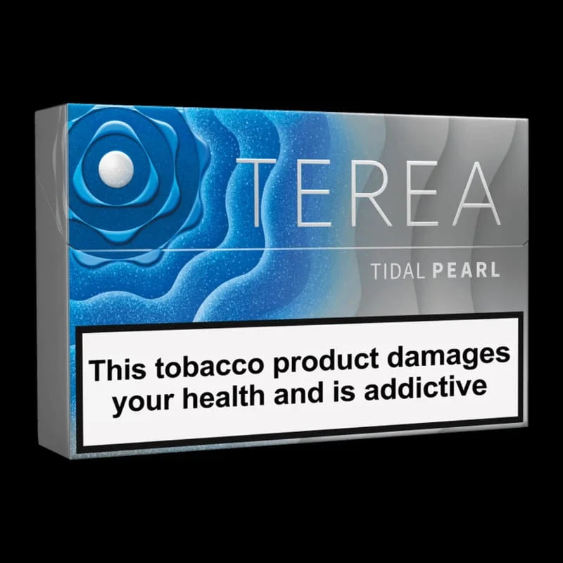 Terea Tidal Pearl tobacco cigarette product packaging with warning label on a black background