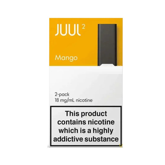 Juul2 Mango vape device packaging with nicotine warning label on a white background