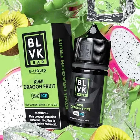 BLVK Kiwi Dragon Fruit e-liquid bottle and packaging with fruit slices in the background