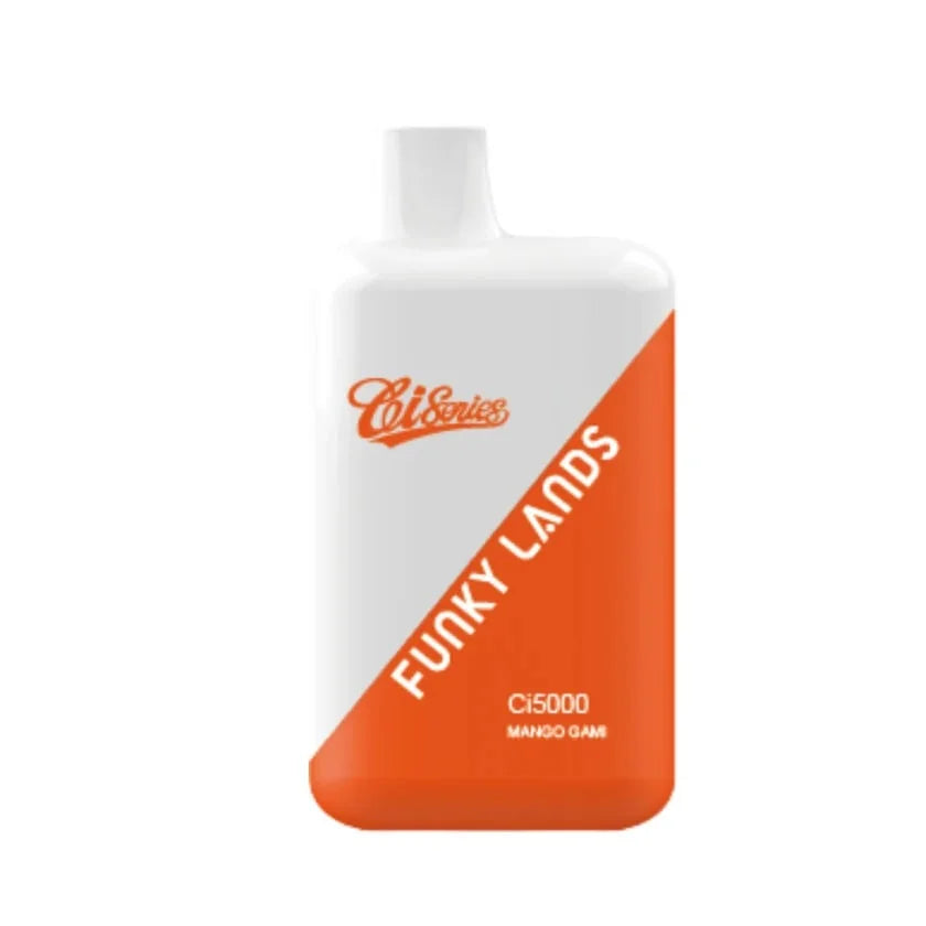 Orange and white disposable vape of Funky lands Mango gami branding on  it with a white background