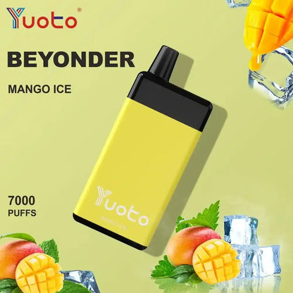 Yuoto BEYONDER Mango Ice vape device with mango slices, ice cubes, and peach on a light green background