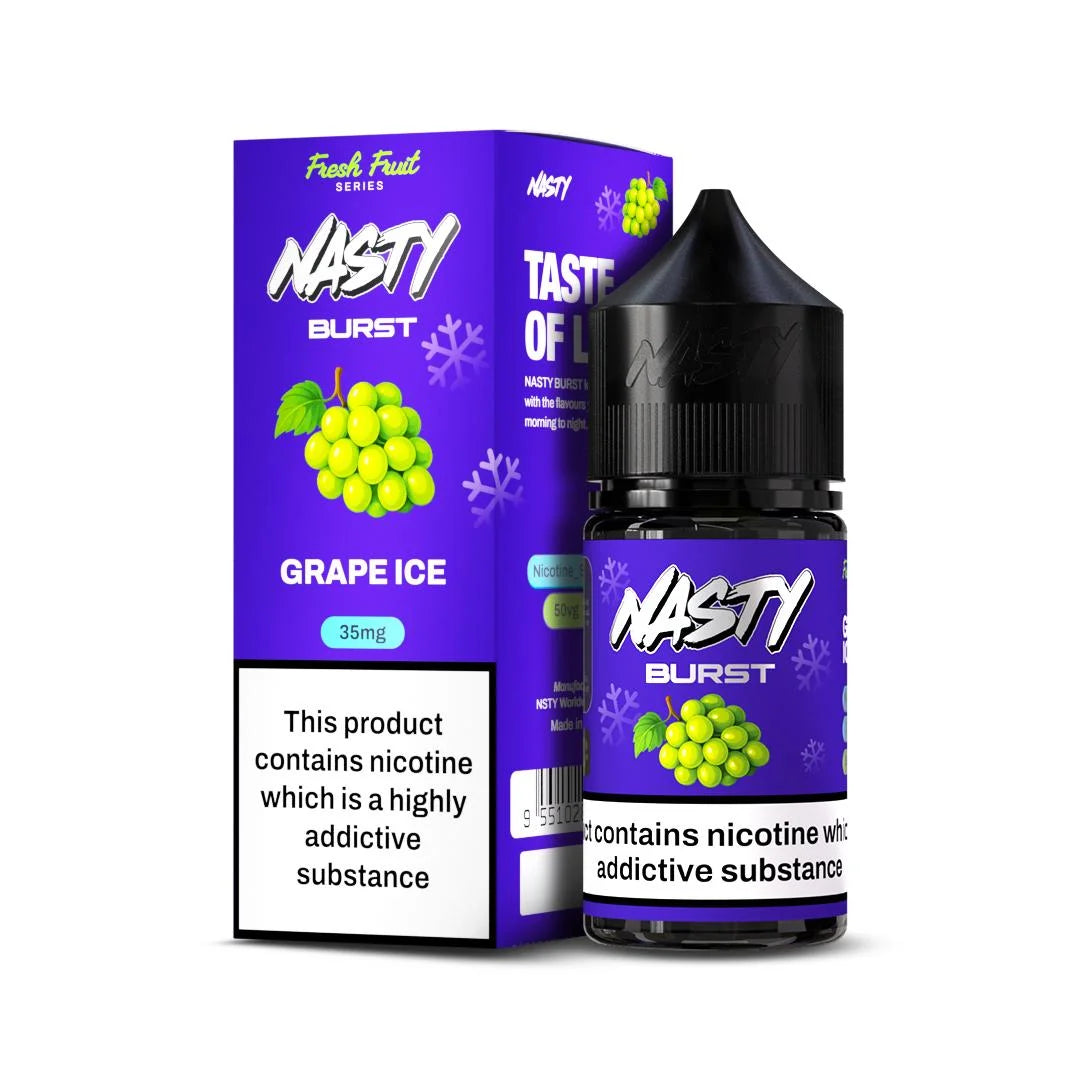 Nasty burst Grape Ice vape juice bottle and packaging on a white background