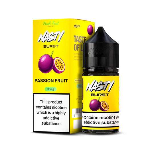 Nasty Burst Passion Fruit vape juice packaging on a white background