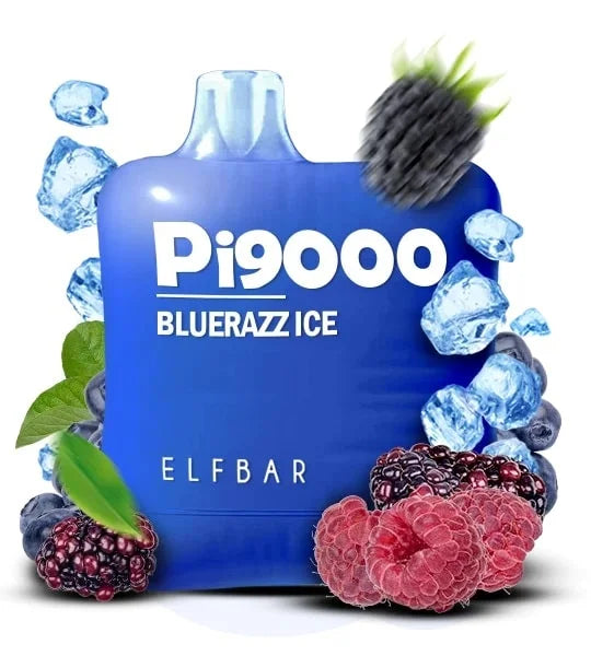 Blue bottle labeled 'Pi9000 Bluerazz Ice' by ELF BAR with berries and ice cubes around it.