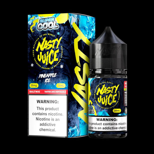 Nasty Juice Pineapple Ice vape juice packaging and bottle on a black background