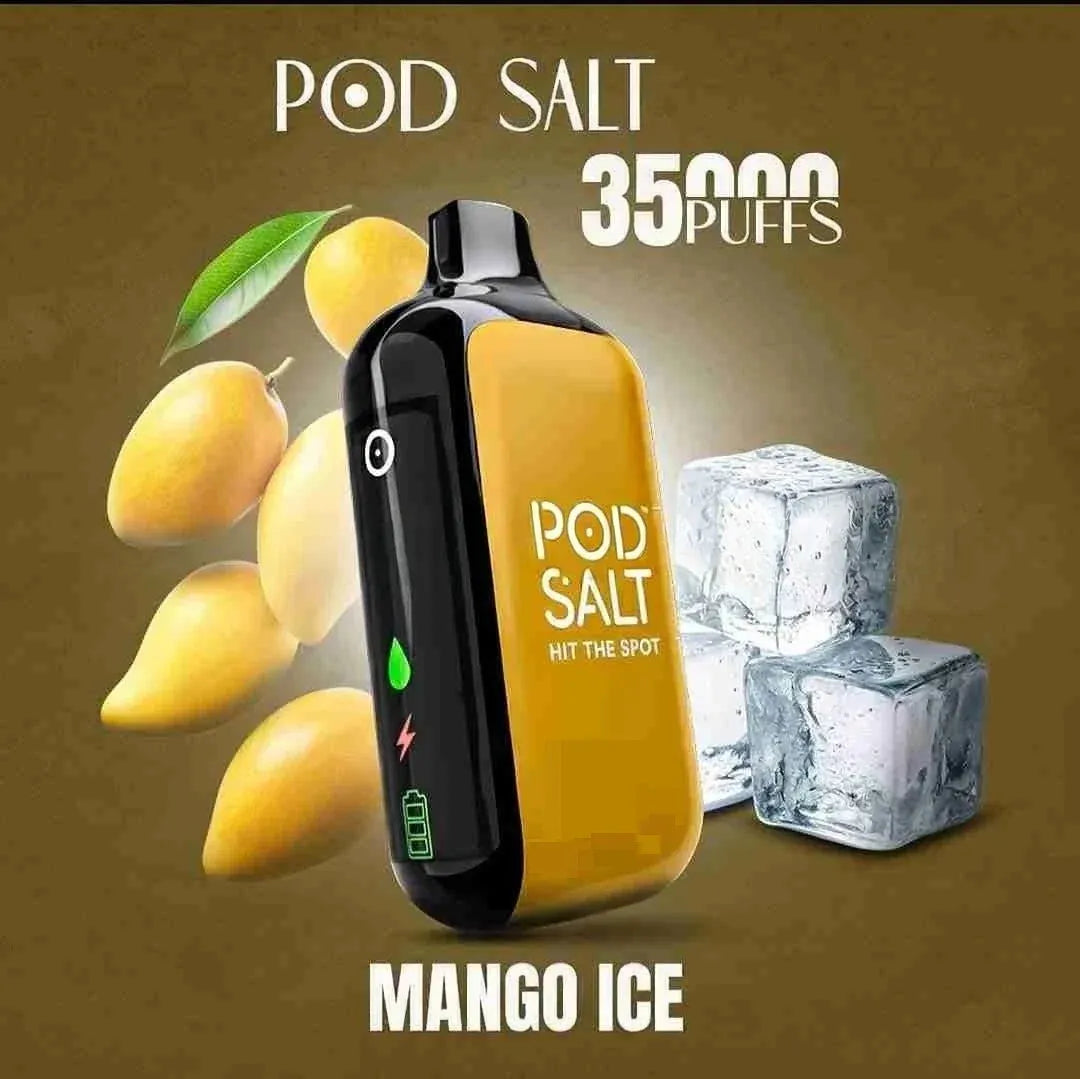 pod salt 35k vape mango ice flavour with mangoes and ice cubes in background