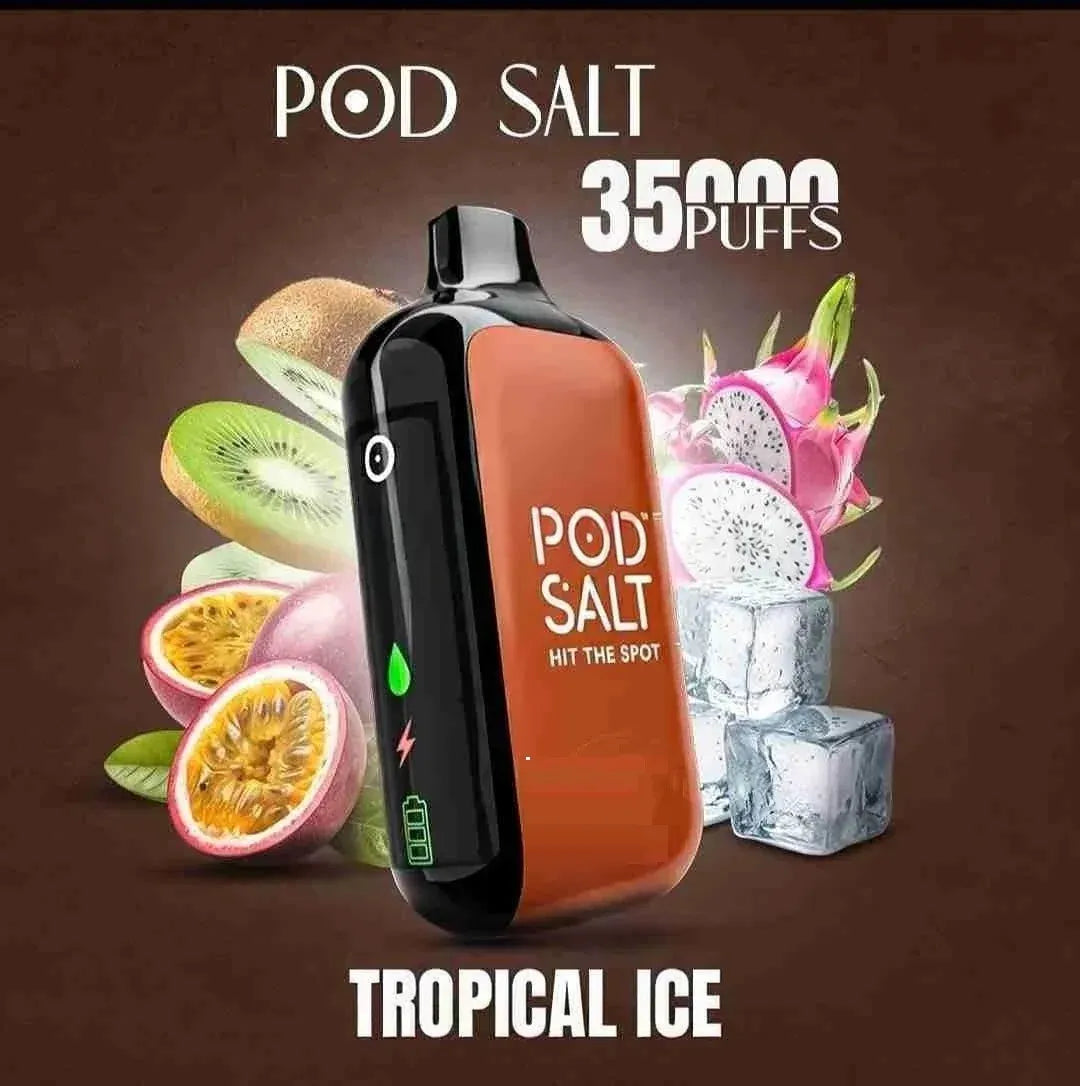 pod salt 35k vape tropical ice with fruits and ice cubes in background
