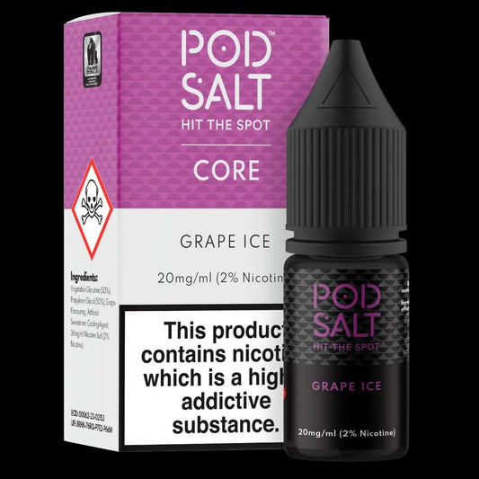 Pod Salt Grape Ice nic salt bottle and packaging on a black background