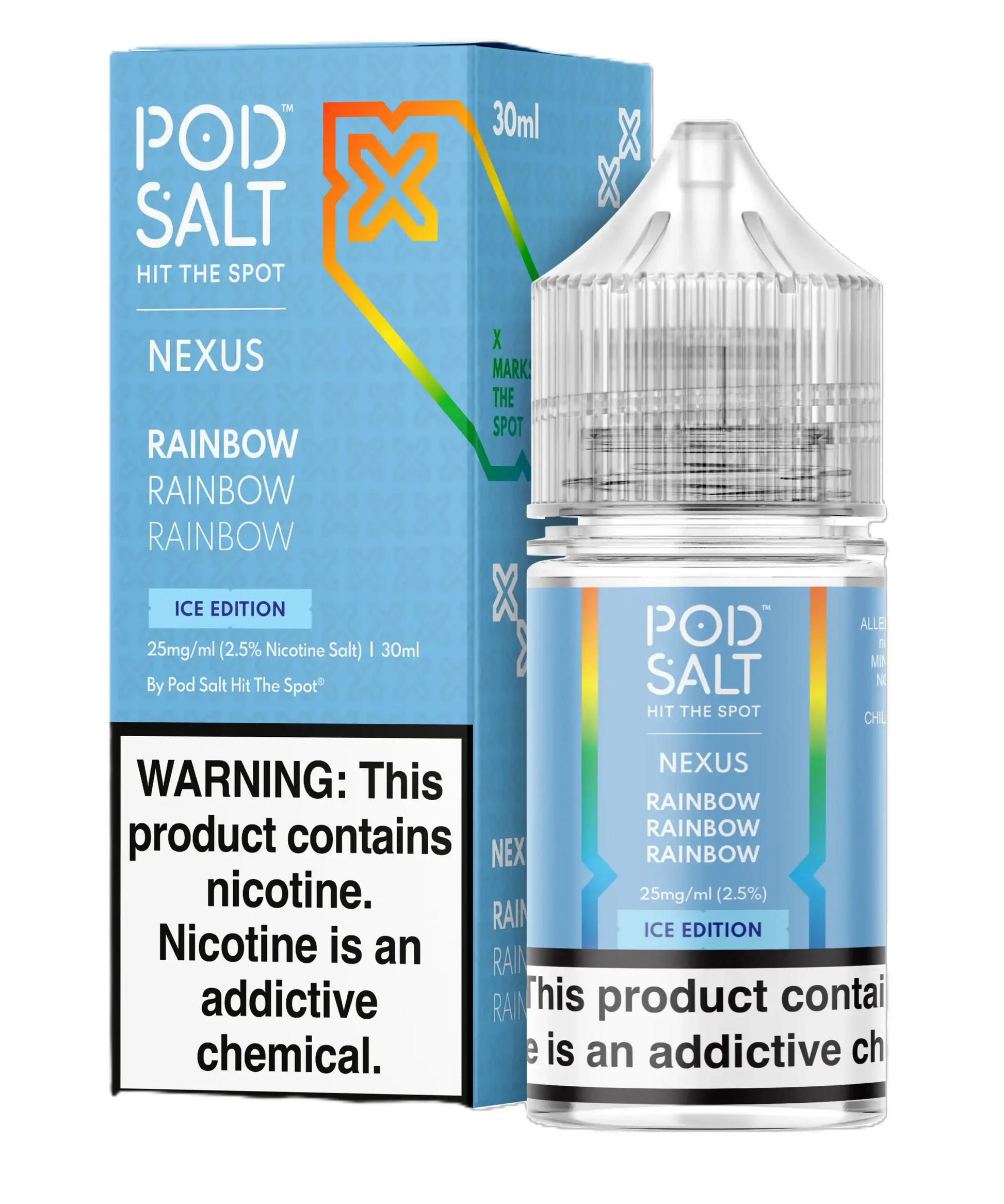 Pod Salt Nexus Rainbow Ice Edition vape juice packaging with warning label on a white background