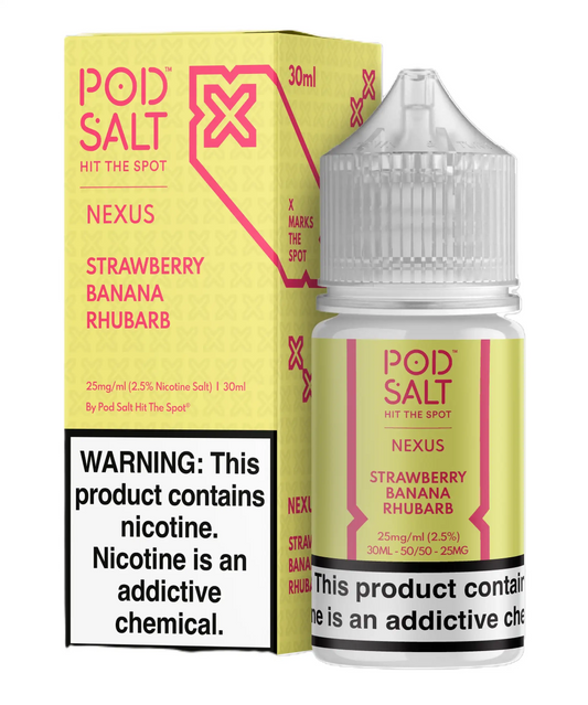 Pod Salt Nexus Strawberry Banana Rhubarb e-liquid packaging with warning label.