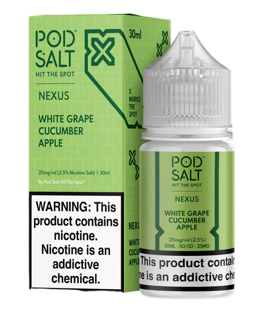 Pod Salt Nexus White Grape Cucumber Apple e-liquid bottle and packaging on a white background